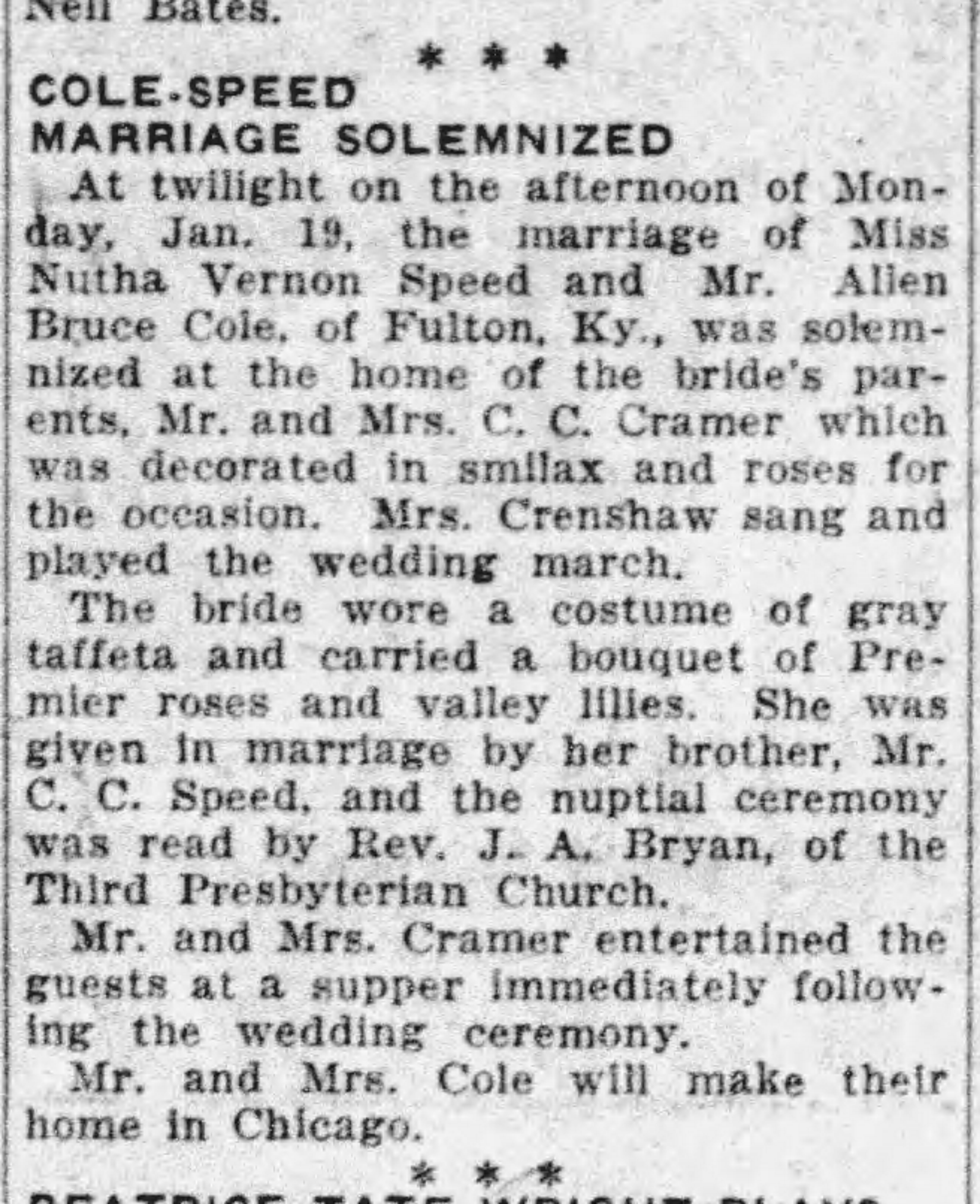 Cole-Speed Marriage Solemnized